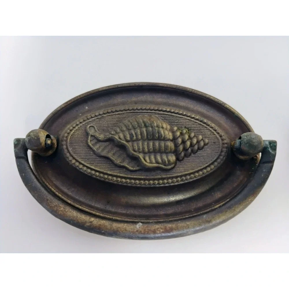 6 Vintage Antique Brass Drawer Pulls Hardware Oval Seashell 3.5